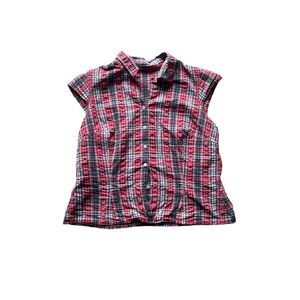 Women's M Red Blue Plaid Cap Sleeve Button Down Blouse Casual